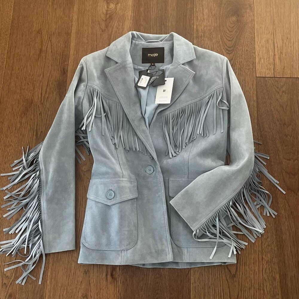 Maje Light Blue Suede Fringe Jacket Size T36